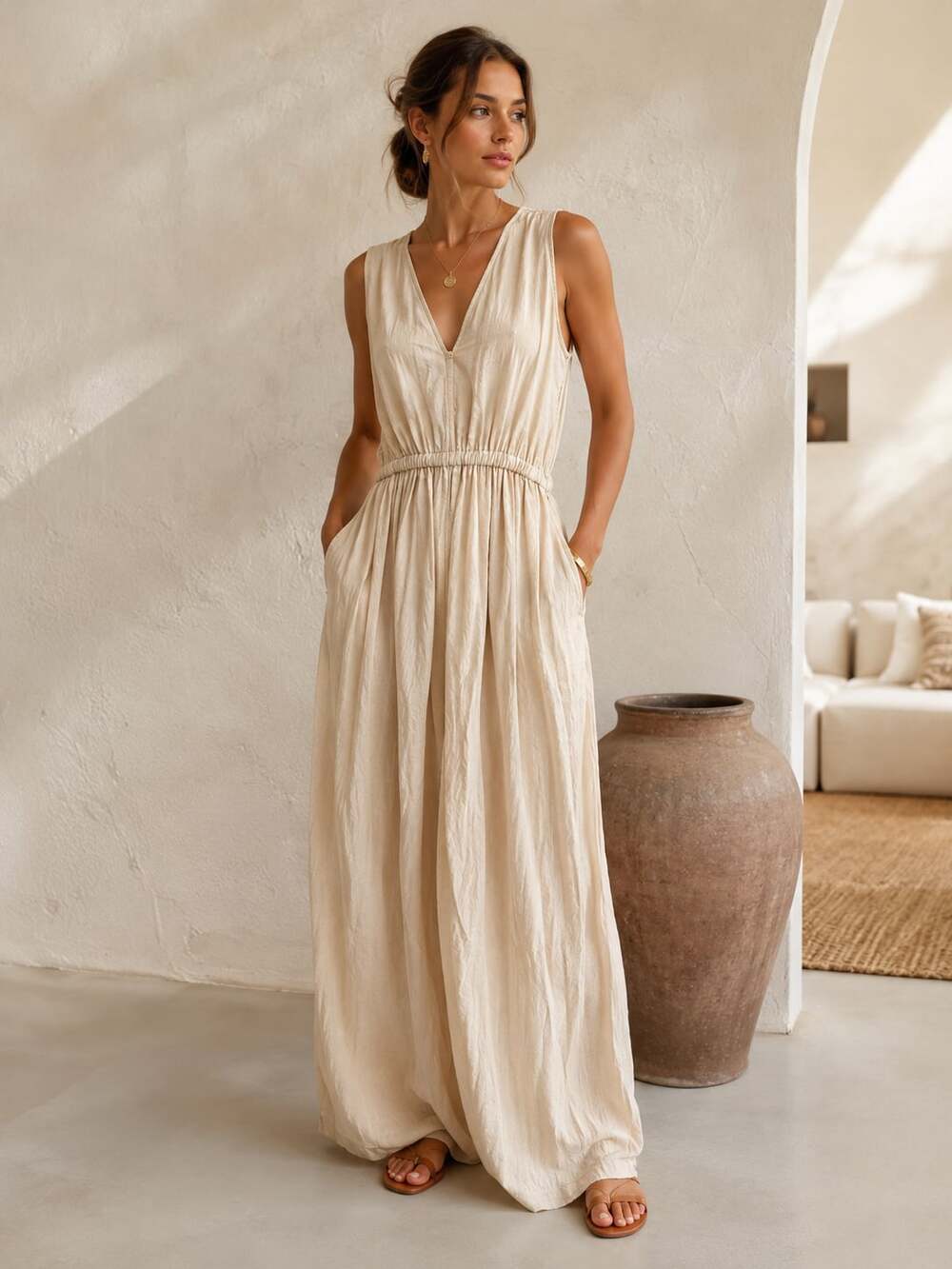 Monica Cordera Linen Blend Wide Leg Jumpsuit Cream Minimalist Boho Spain